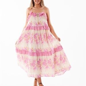 Pink Floral Romantic Gypsy Maxi Long Ruffle Dress - beautiful Spring Dress